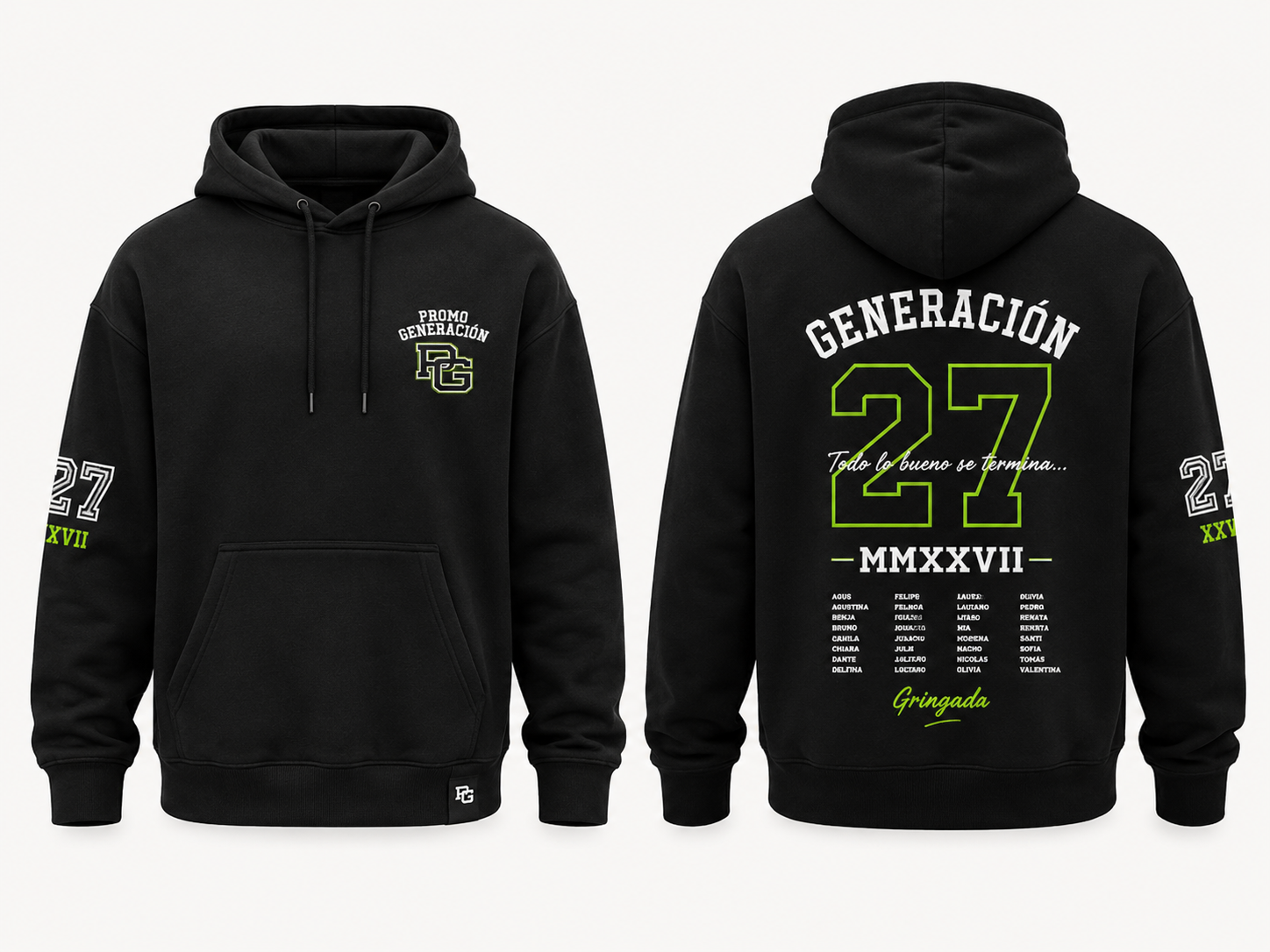 Polerón generacional negro personalizado mostrado de frente y espalda